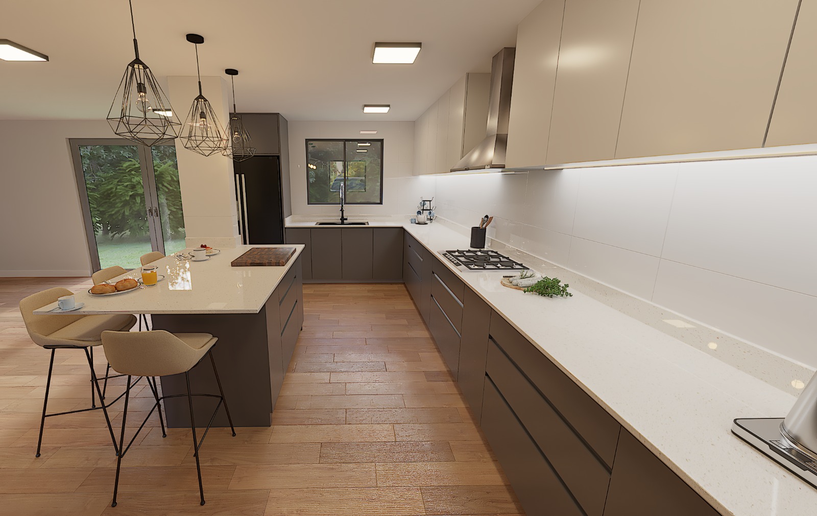 Cocina a medida con isla, cubierta de cuarzo y muebles en tonos grises