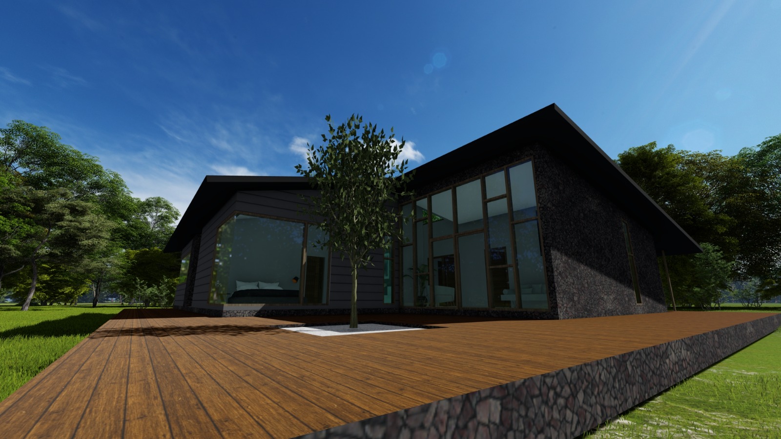 Render de vivienda con revestimiento oscuro y ventanales